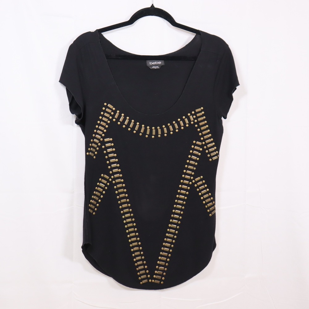 bebe Studded Top Small Black Womens Gold Embellished Scoop Neck‎ Tee